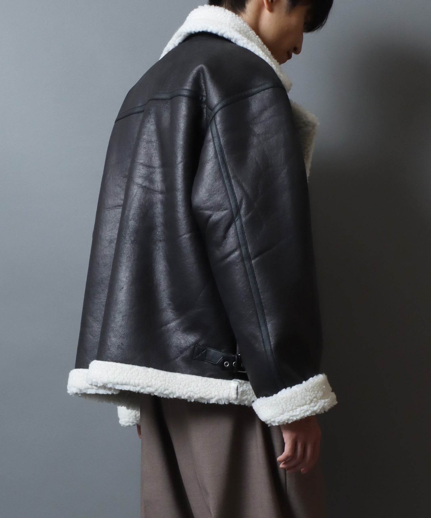 アンパス ANPAS shearling biker jacket/ フェイクムートン 裏ボア ダブルライダース ジャケット メンズ レディース アウター （ブラック系その他） ブラック系その他