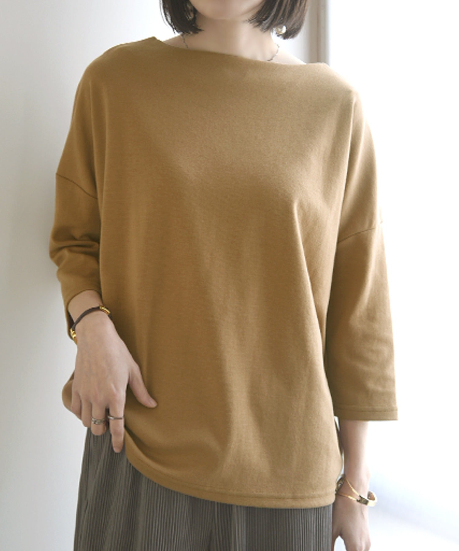アンドイット and it_ 7分袖ボートネックコクーンプルオーバー カットソー レディース 春 Tシャツ 綿混 綿 コットン 夏 秋 トップス ブラック  黒 オフホワイト 白 ベージュ,22キャメル