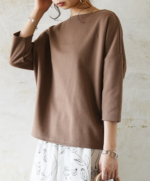 アンドイット and it_ 7分袖ボートネックコクーンプルオーバー カットソー レディース 春 Tシャツ 綿混 綿 コットン 夏 秋 トップス ブラック  黒 オフホワイト 白 ベージュ,32ライトブラウン