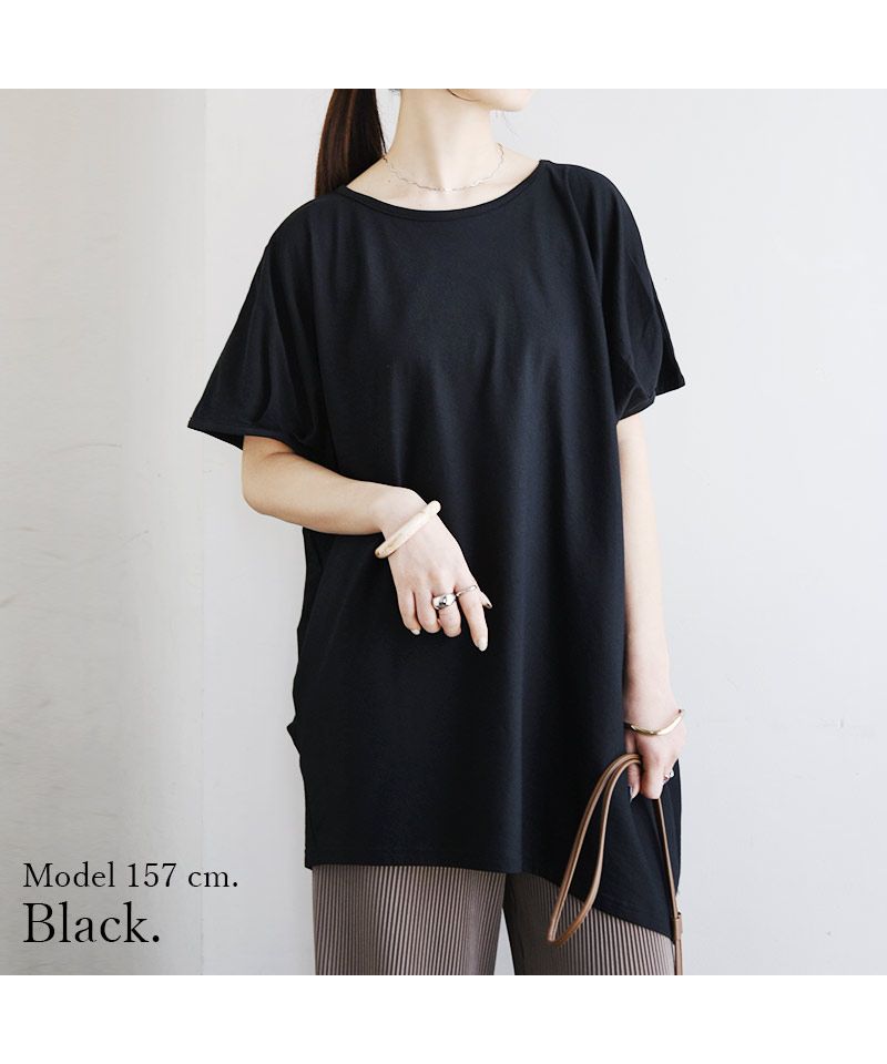 アンドイット and it_ 【M～5L】アシメシルエットコットンロングカットソー アシンメトリー 半袖Tシャツ ロング丈 綿100％