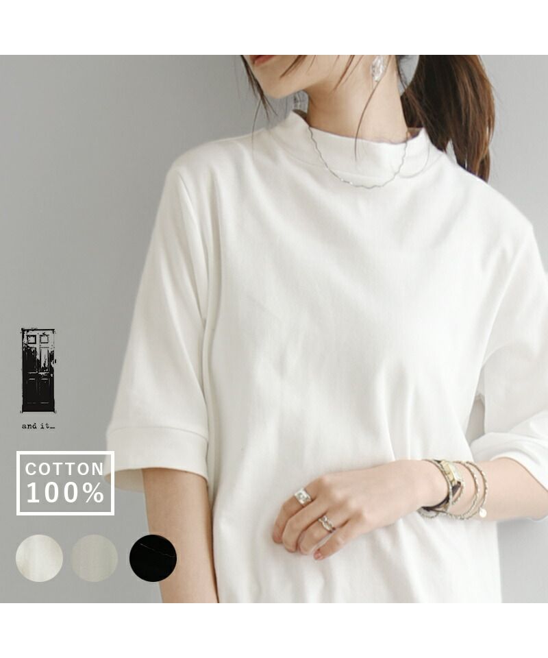 アンドイット and it_ ハイネック5分袖コットンスムースカットソー カットソー レディース 春夏 半袖 綿100％ トップス Tシャツ ティーシャツ コットン ハイネック シンプル 無