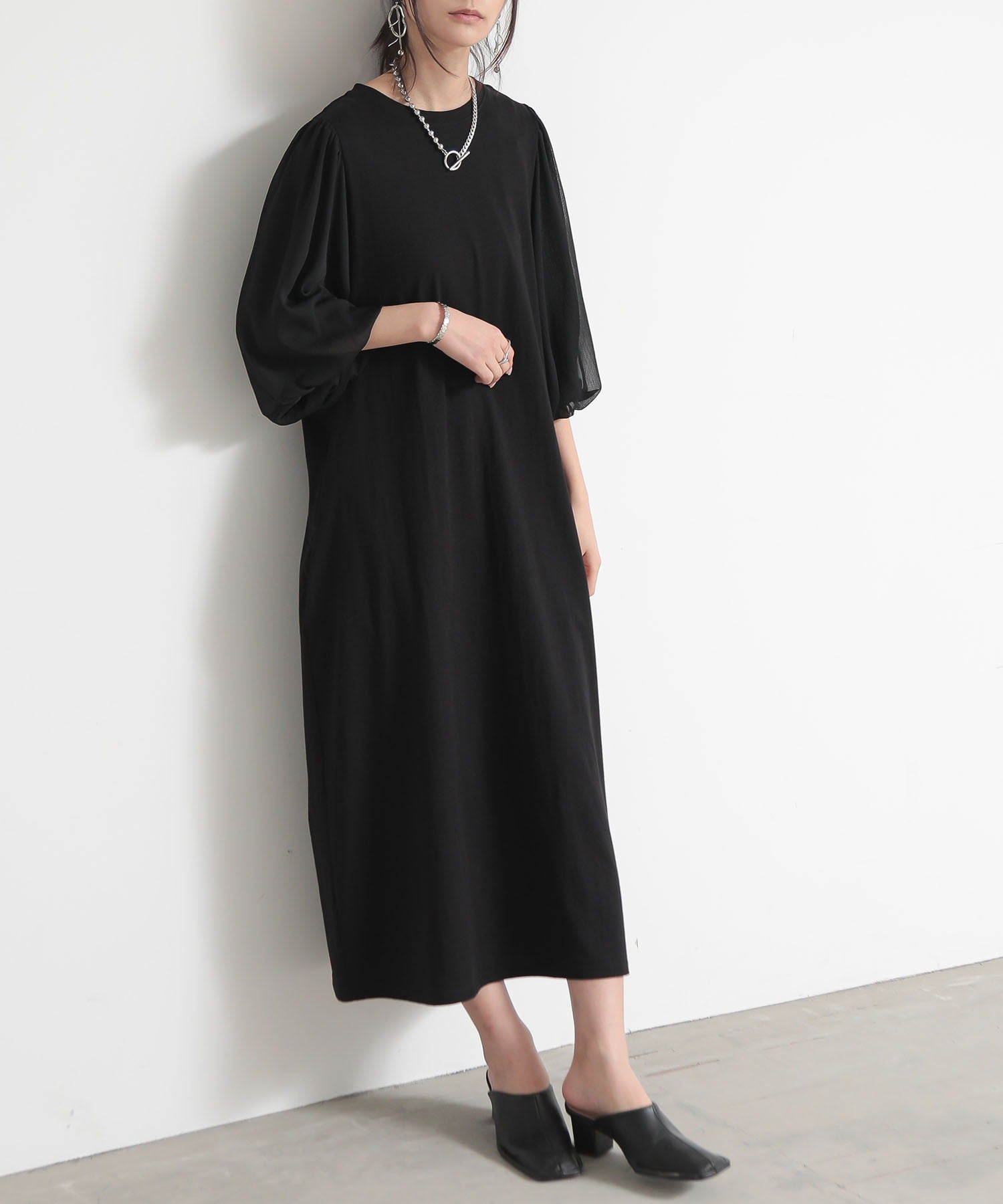 And it and it_ Choose your length! Sheer sleeve cut-and-sew dress Dress Women's Spring/Summer Short Sleeve Volume Sleeve Balloon Sleeve Sheerness Mixed Material black Charcoal