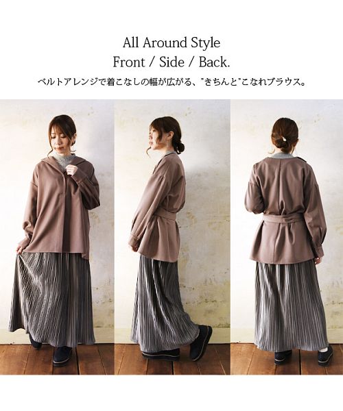 アンドイット and it_ オープンカラーツイルブラウス(リボン付き)【M】レディース 春秋冬 トップス ブラウス アイボリー ベージュ ブラウン ブラック ウエストベルト リボン 綺麗め （11アイボリー） 11アイボリー