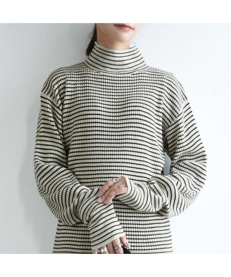 アンドイット and it_ バルーン袖タートルボーダーリブニット ニット レディース リブ ボーダー タートルネック バルーン袖 生地 ボリューム袖 アクリル 細ボーダー 長袖 薄い 薄手