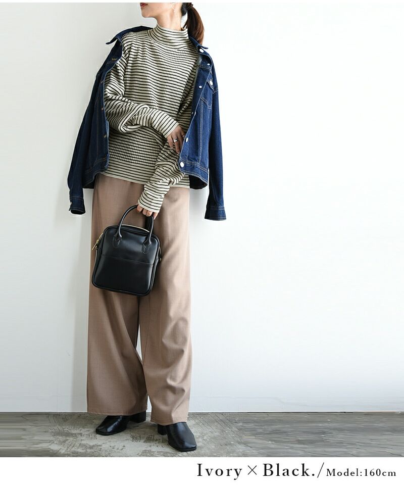 アンドイット and it_ バルーン袖タートルボーダーリブニット ニット レディース リブ ボーダー タートルネック バルーン袖 生地 ボリューム袖 アクリル 細ボーダー 長袖 薄い 薄手