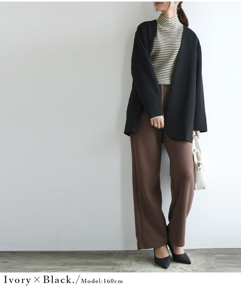 アンドイット and it_ バルーン袖タートルボーダーリブニット ニット レディース リブ ボーダー タートルネック バルーン袖 生地 ボリューム袖 アクリル 細ボーダー 長袖 薄い 薄手