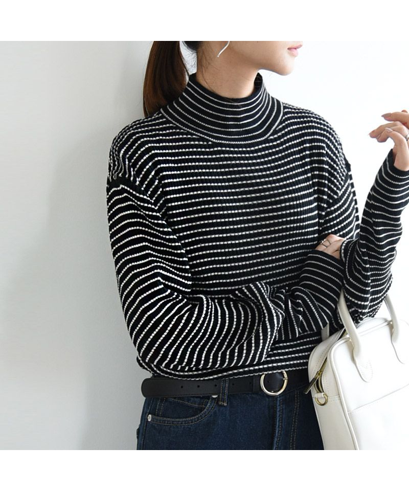アンドイット and it_ バルーン袖タートルボーダーリブニット ニット レディース リブ ボーダー タートルネック バルーン袖 生地 ボリューム袖 アクリル 細ボーダー 長袖 薄い 薄手