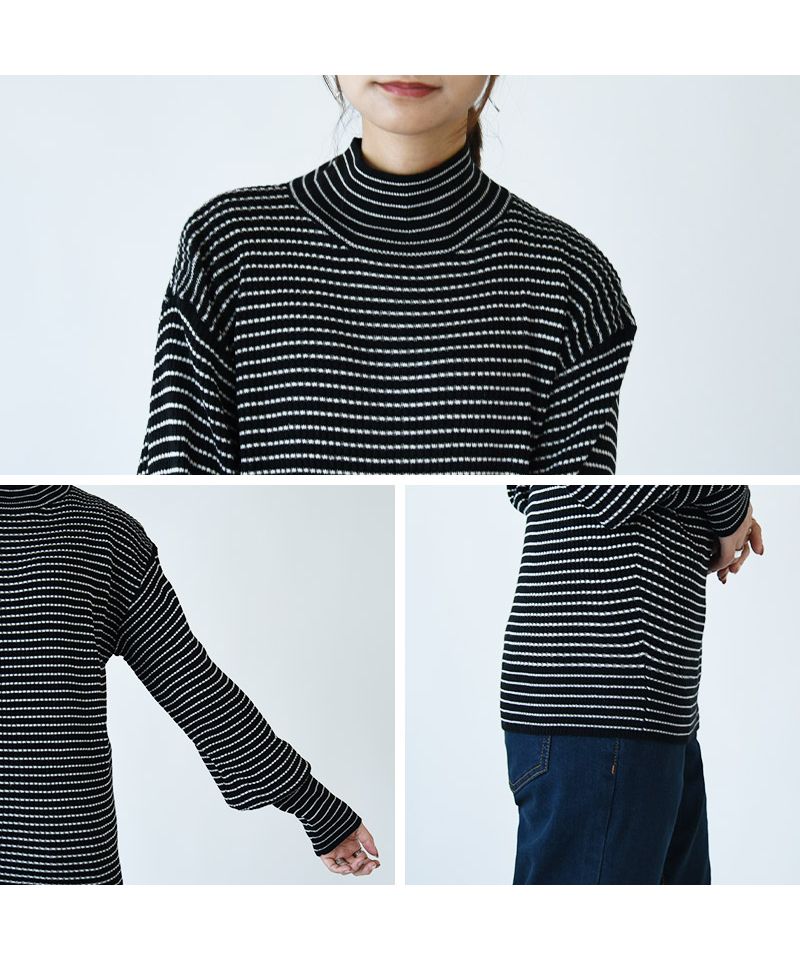 アンドイット and it_ バルーン袖タートルボーダーリブニット ニット レディース リブ ボーダー タートルネック バルーン袖 生地 ボリューム袖 アクリル 細ボーダー 長袖 薄い 薄手
