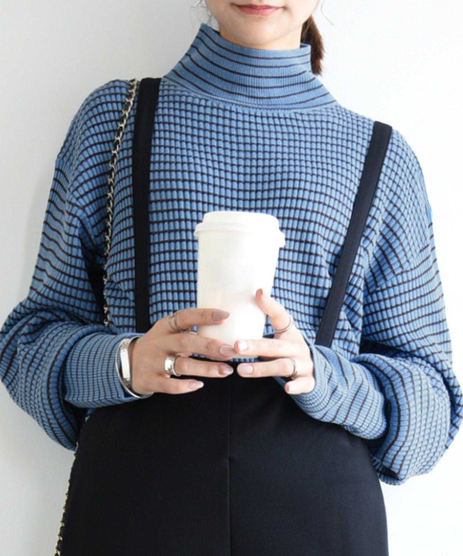 And it_ Balloon Sleeve Turtle Neck Border Rib Knit Knit Women's Rib Border Turtle Neck Balloon Sleeve Fabric Volume Sleeve Acrylic Thin Stripe Long Sleeve Lightweight