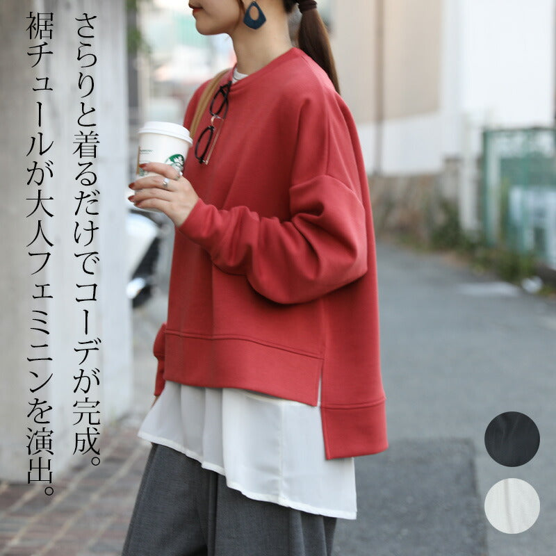 アンドイット and it_ チュールレース裾切替長袖tシャツ ロンT 重ね着 レイヤード レース 涼しい 1枚でも決まる 秋 秋服 白 黒 M L ロングスリーブTシャツ レディース 無地 （ブラック） ブラック