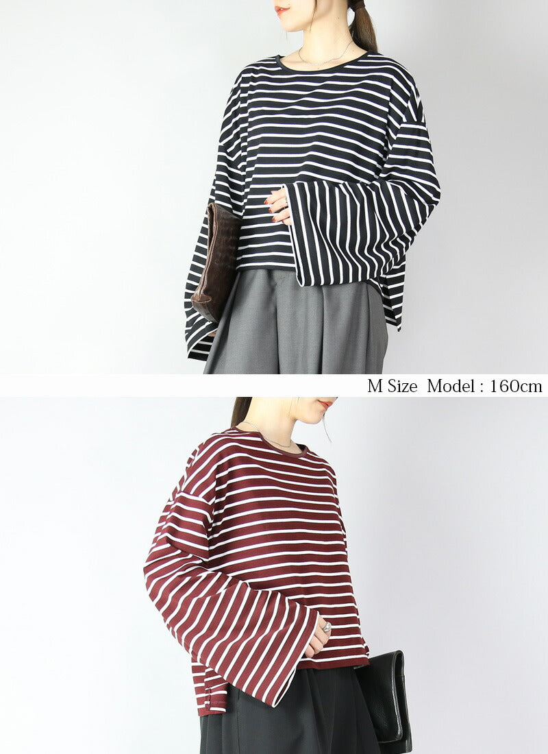 アンドイット and it_ ドロップショルダー長袖ボーダーショートカットソー 新作 トップス 秋服 きれいめ かわいい 長袖 Tシャツ ロンTEE ロンT ワイド袖 1枚で決まる ボーダー ショート丈 （113ブラックxホワイト） 113ブラックxホワイト