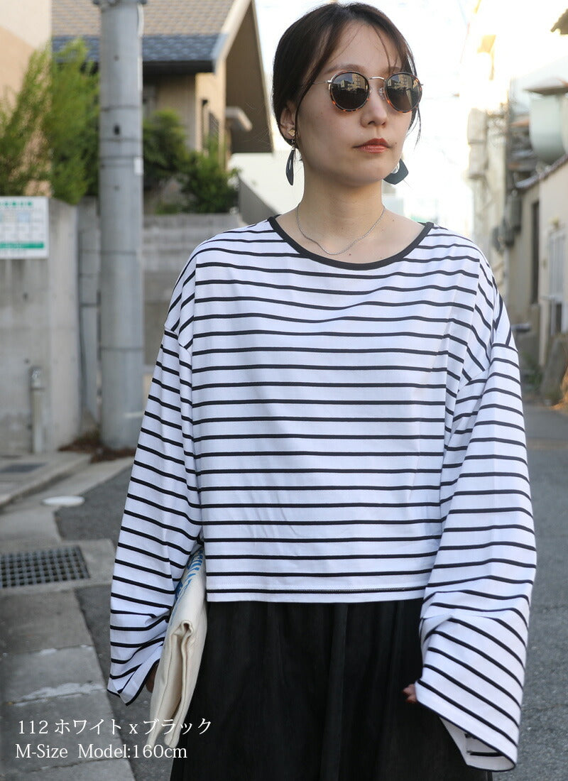 アンドイット and it_ ドロップショルダー長袖ボーダーショートカットソー 新作 トップス 秋服 きれいめ かわいい 長袖 Tシャツ ロンTEE ロンT ワイド袖 1枚で決まる ボーダー ショート丈 （113ブラックxホワイト） 113ブラックxホワイト
