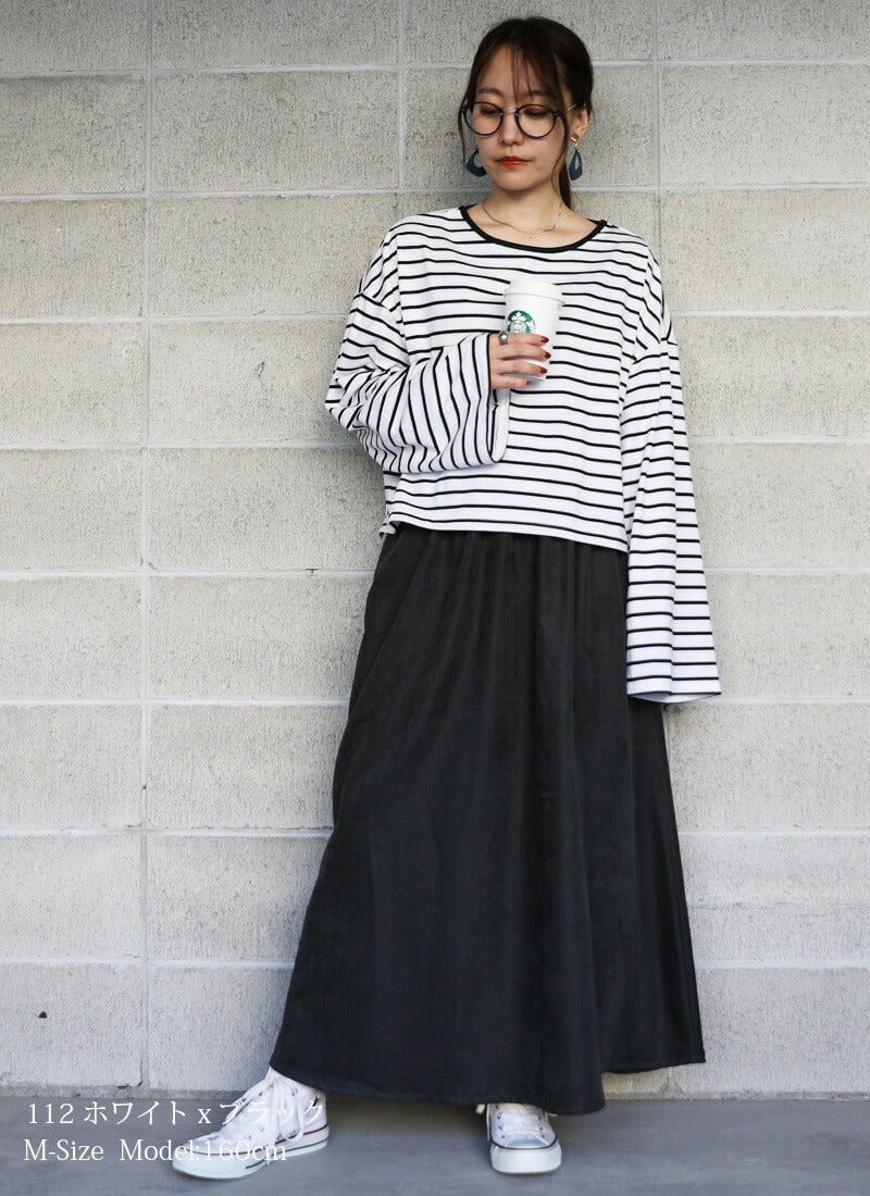 アンドイット and it_ ドロップショルダー長袖ボーダーショートカットソー 新作 トップス 秋服 きれいめ かわいい 長袖 Tシャツ ロンTEE ロンT ワイド袖 1枚で決まる ボーダー ショート丈 （113ブラックxホワイト） 113ブラックxホワイト