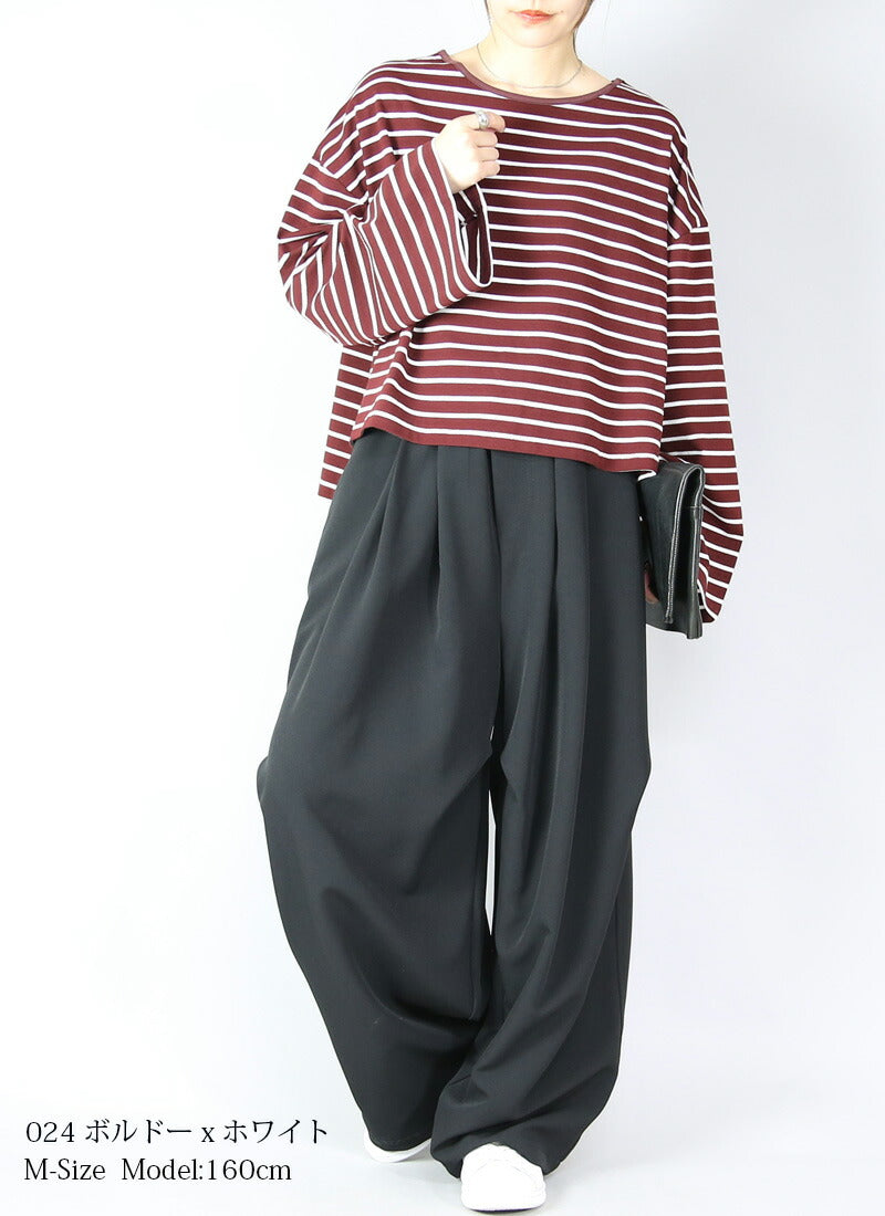 アンドイット and it_ ドロップショルダー長袖ボーダーショートカットソー 新作 トップス 秋服 きれいめ かわいい 長袖 Tシャツ ロンTEE ロンT ワイド袖 1枚で決まる ボーダー ショート丈 （113ブラックxホワイト） 113ブラックxホワイト