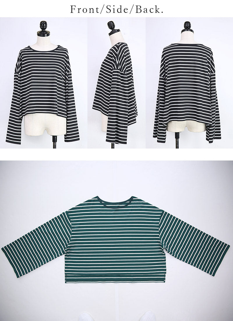 アンドイット and it_ ドロップショルダー長袖ボーダーショートカットソー 新作 トップス 秋服 きれいめ かわいい 長袖 Tシャツ ロンTEE ロンT ワイド袖 1枚で決まる ボーダー ショート丈 （113ブラックxホワイト） 113ブラックxホワイト