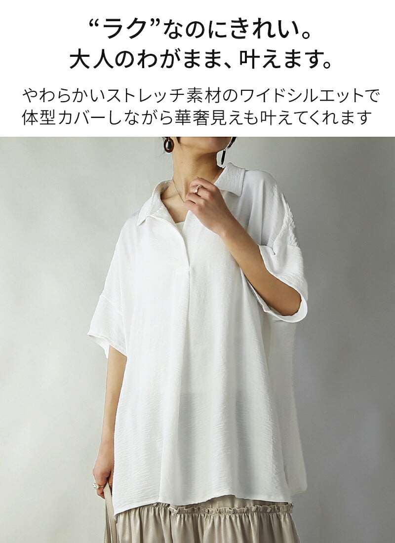 アンドイット and it_ ワイドスキッパーブラウス ブラウス レディース トップス Vネック すっきり サイドスリット 抜け感 涼感 二の腕カバー 体型カバー ゆったり 楽ちん （11ブラック） 11ブラック