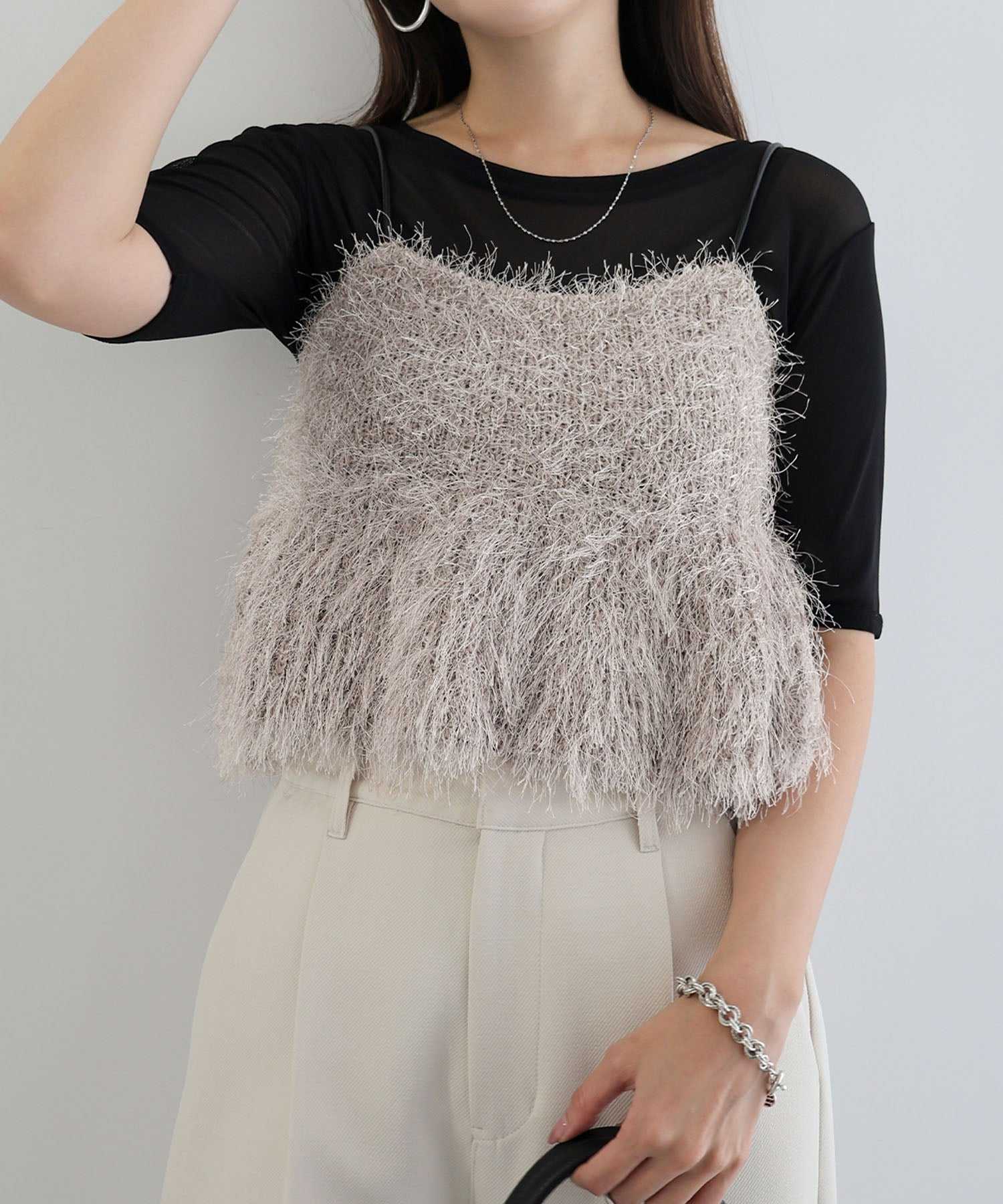 アンドミー andme フェザー ペプラム ニット ビスチェ （グレージュ） グレージュ