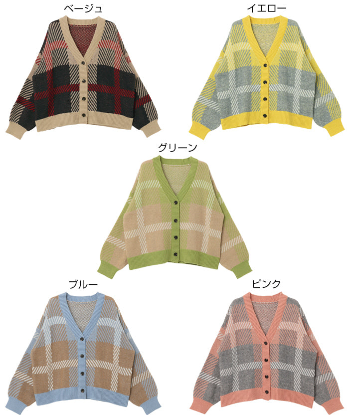 アンドミー andme モヘアライク チェック ジャガード 長袖 ニット カーディガン