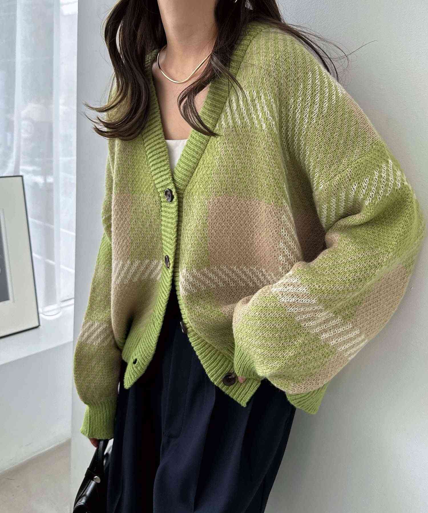 アンドミー andme モヘアライク チェック ジャガード 長袖 ニット カーディガン,グリーン