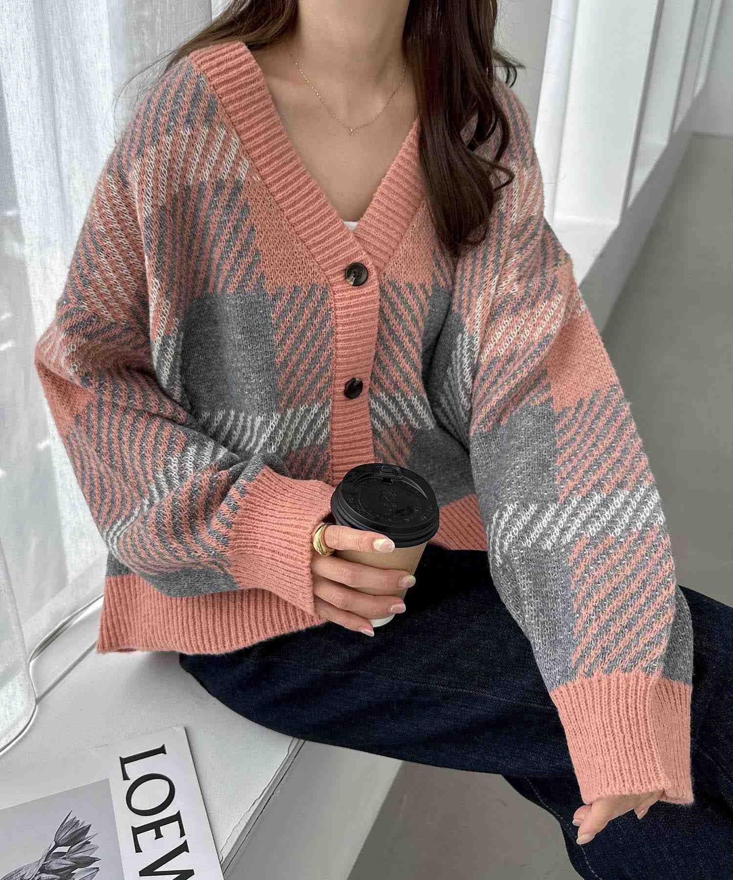 アンドミー andme モヘアライク チェック ジャガード 長袖 ニット カーディガン,ピンク