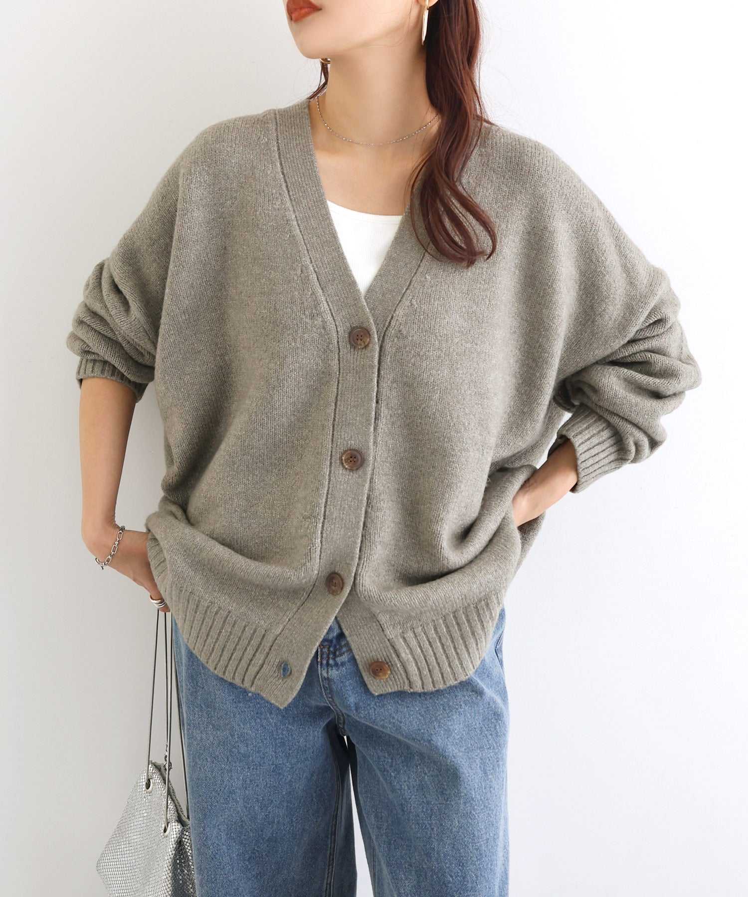 アンドミー andme 天竺編み長袖ニットカーディガン （グレー） グレー