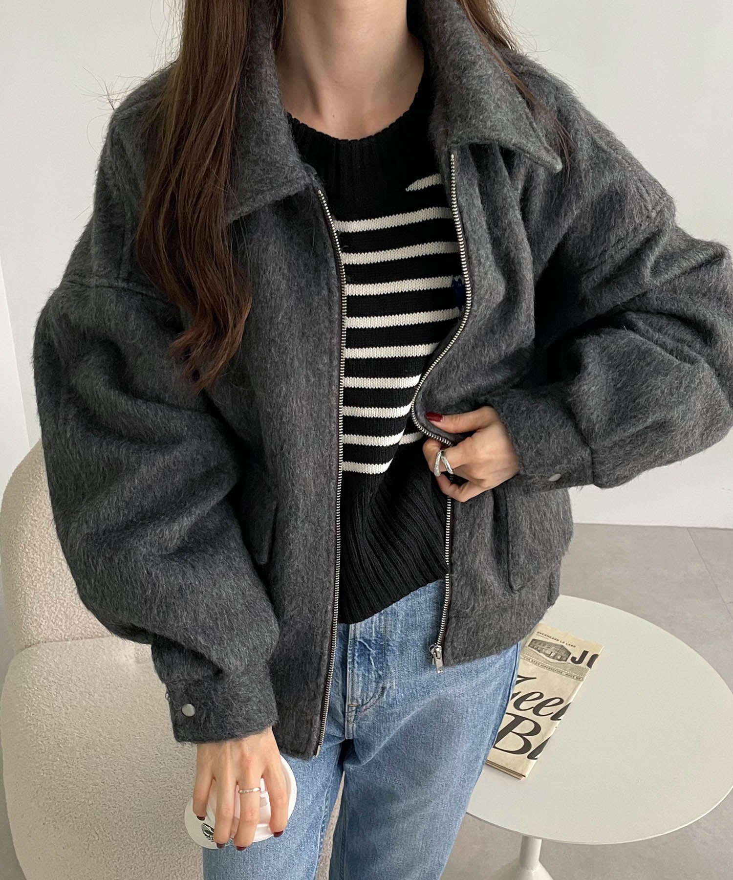 アンドミー andme ニット シャギー ジップ ジャケット ブルゾン