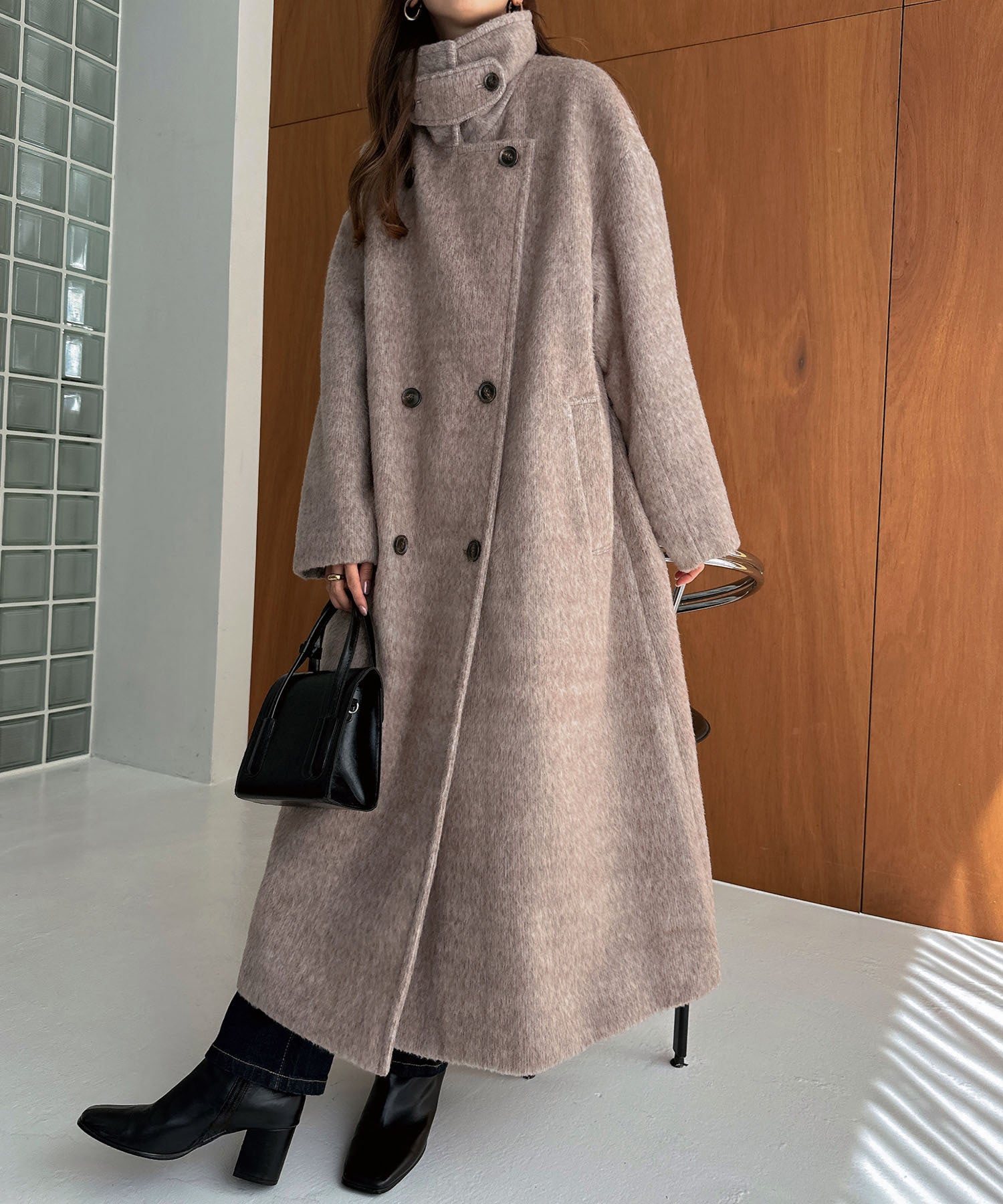 アンドミー andme スタンドカラー 2way シャギー マキシ丈 ロングコート