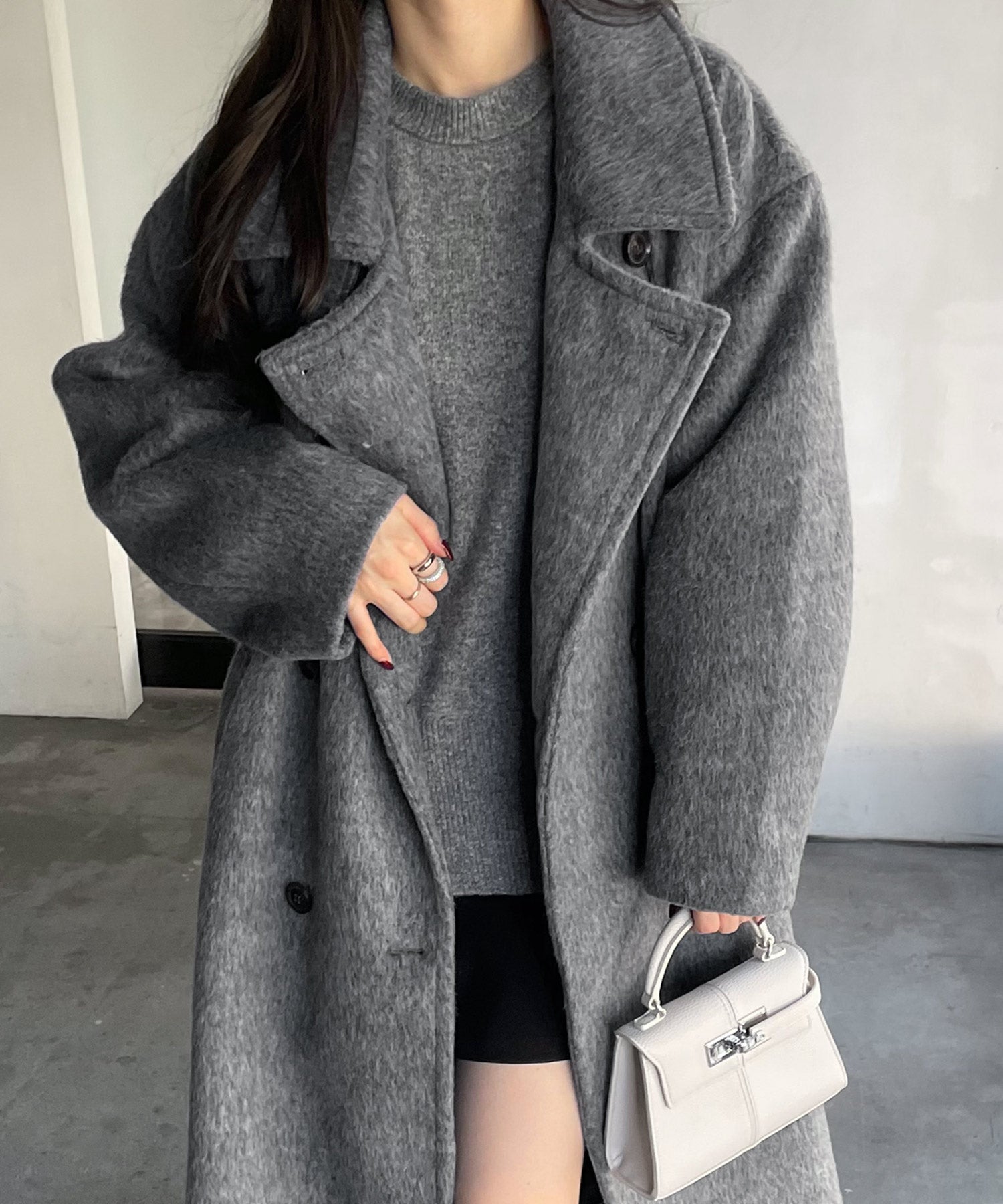 アンドミー andme スタンドカラー 2way シャギー マキシ丈 ロングコート