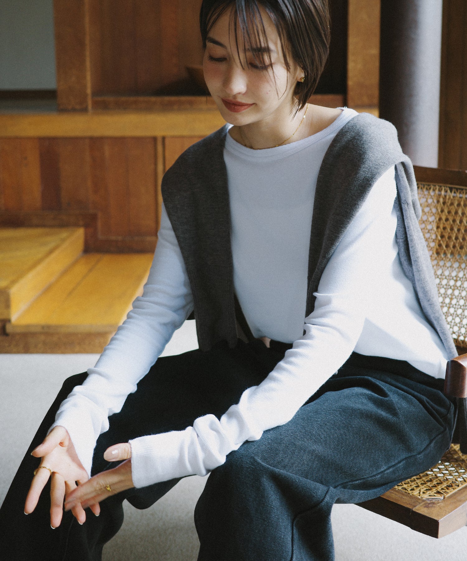 アンドミー andme 天竺 ウール Vネック ニット カーディガン （チャコールグレー） チャコールグレー