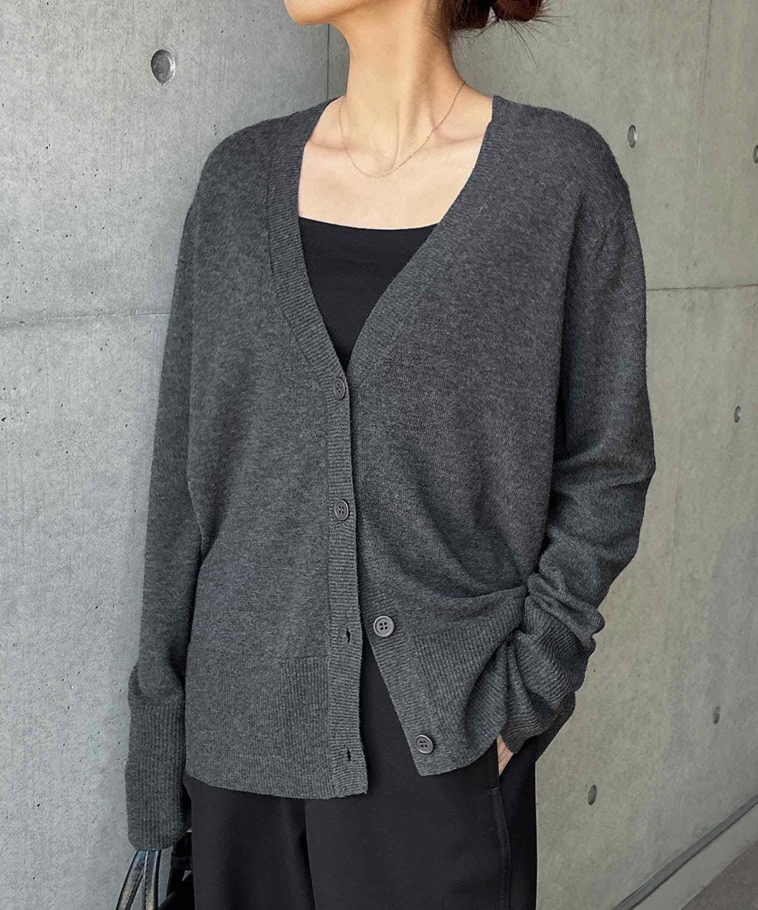 アンドミー andme 天竺 ウール Vネック ニット カーディガン （チャコールグレー） チャコールグレー