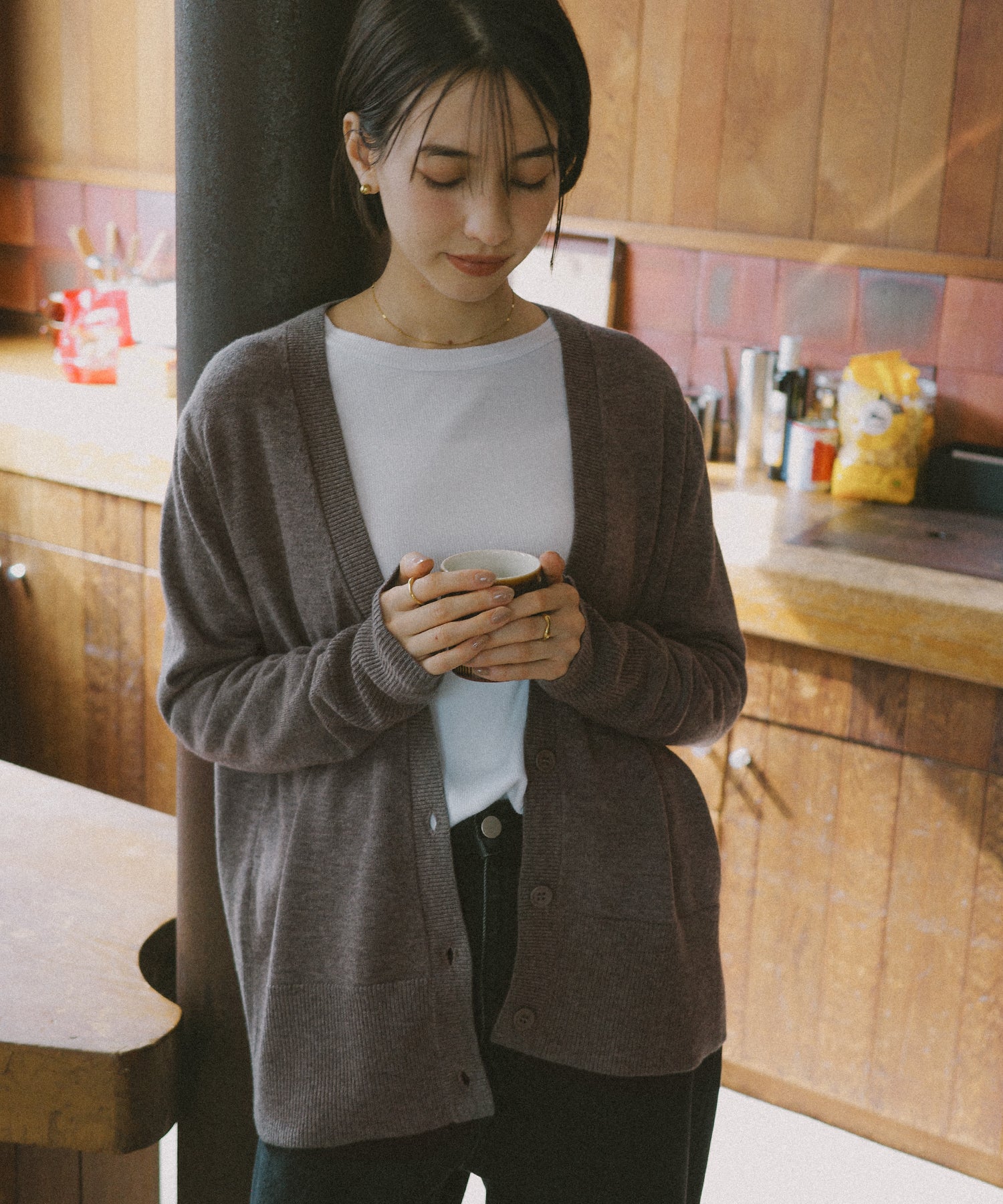 アンドミー andme 天竺 ウール Vネック ニット カーディガン （グレージュ） グレージュ