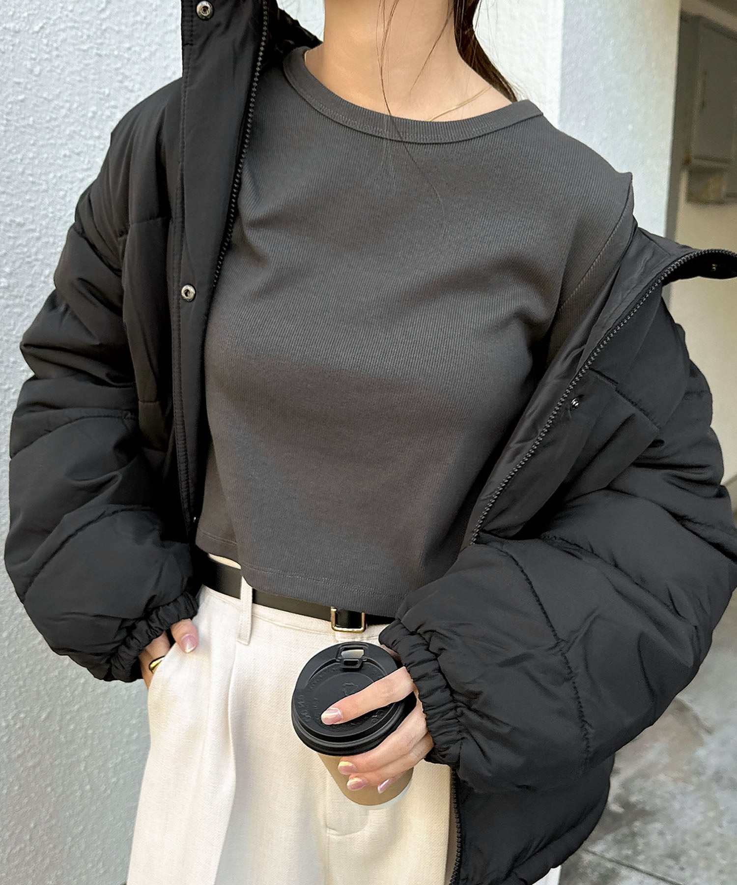 アンドミー andme テレコリブ ショート丈 クルーネック トップス