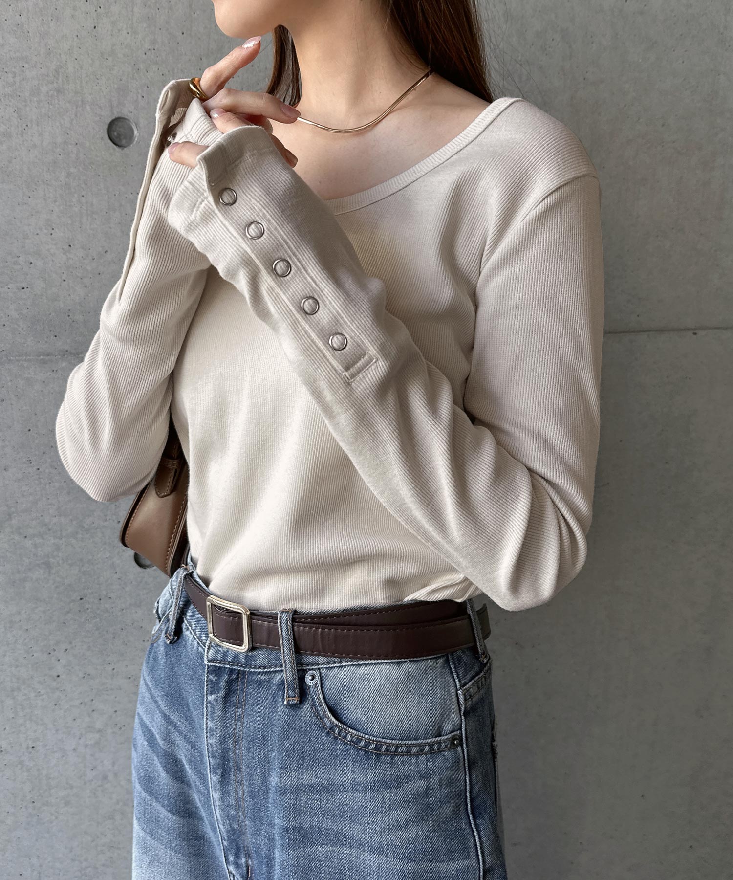 アンドミー andme テレコリブ 2way 袖ボタン トップス