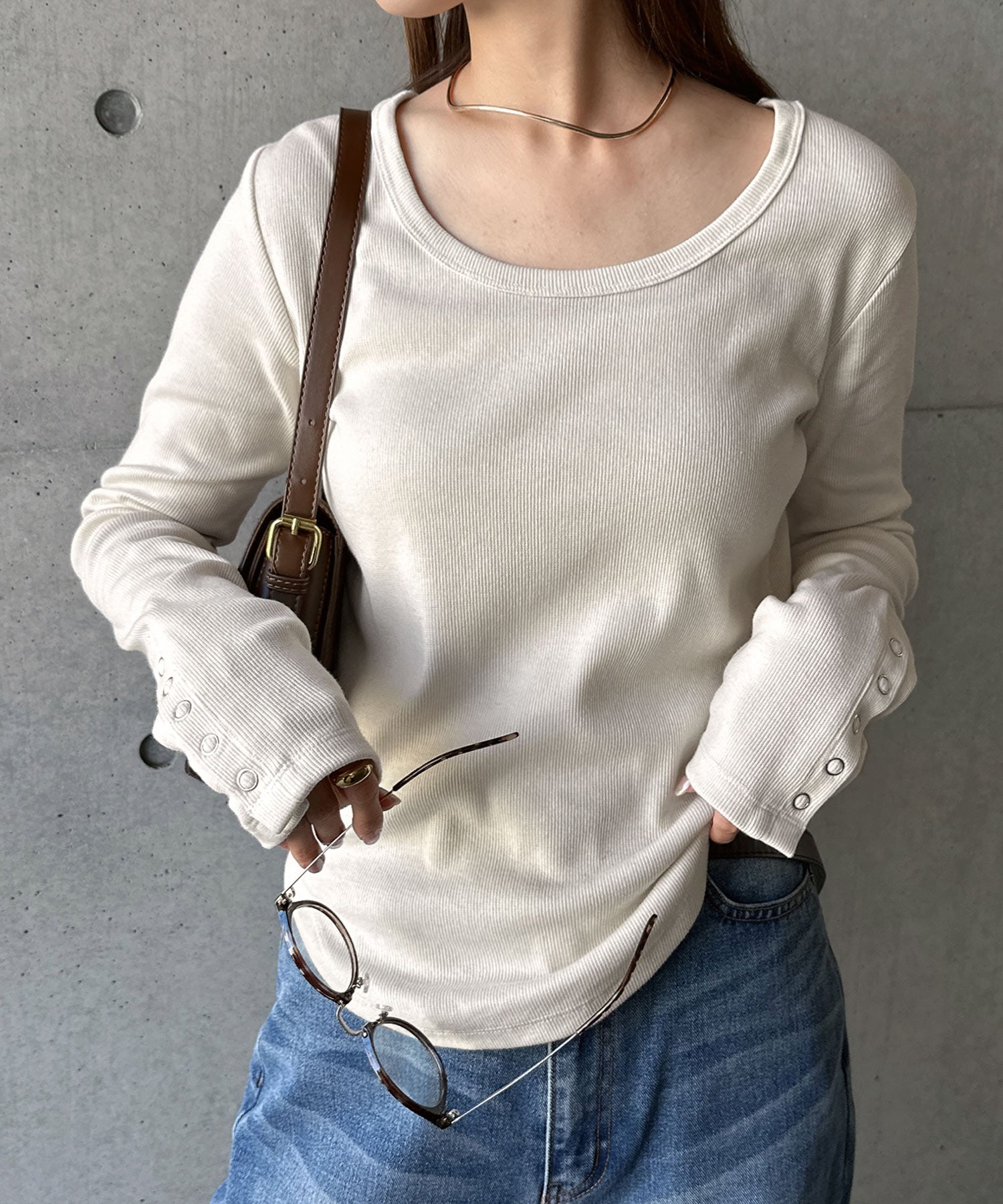 アンドミー andme テレコリブ 2way 袖ボタン トップス