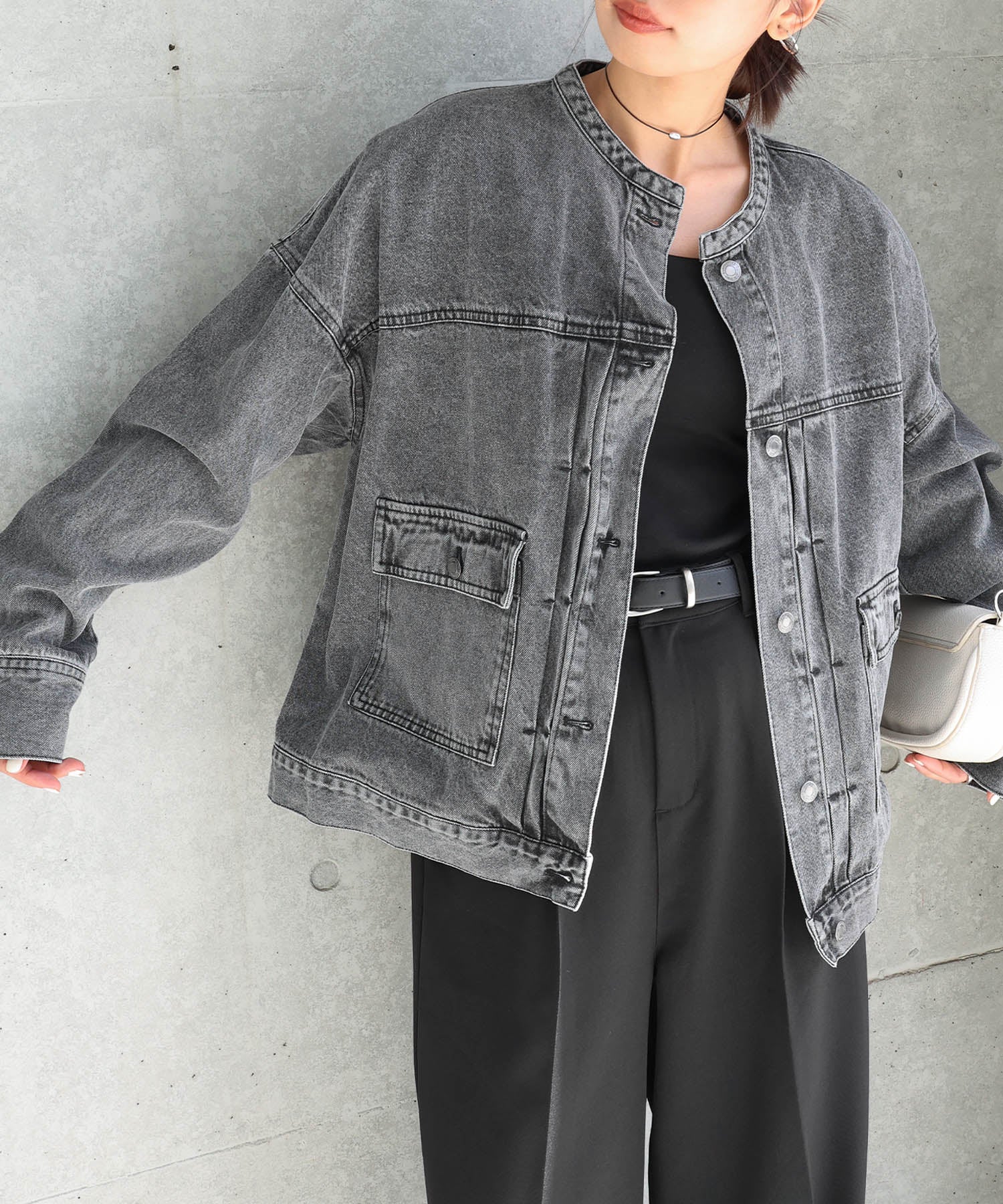 アンドミー andme オーバーサイズ ノーカラー デニム ツイル ジャケット （ケミカルブラック） ケミカルブラック