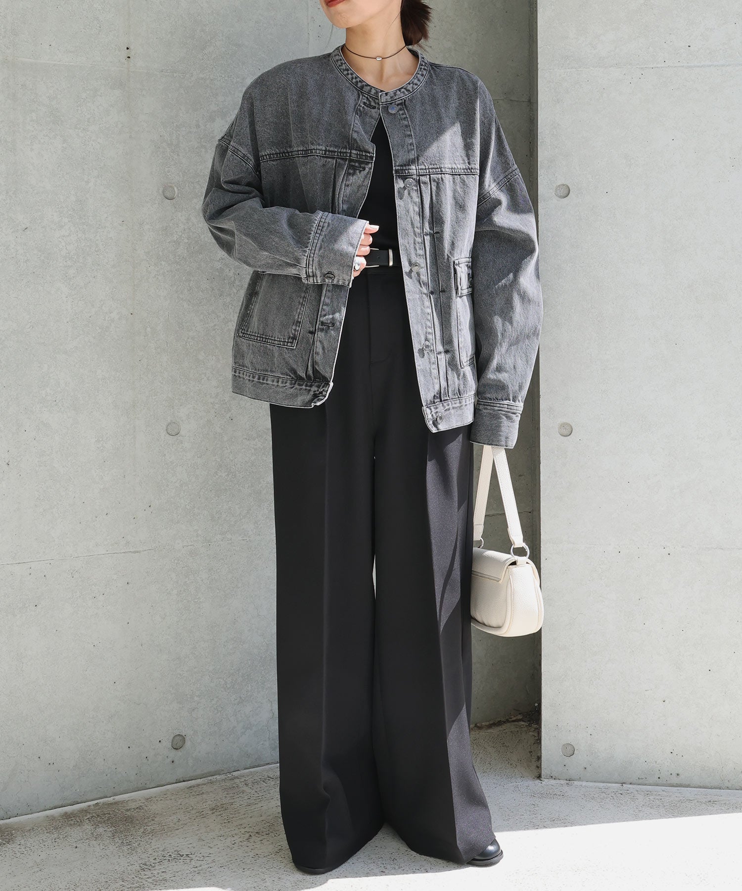 アンドミー andme オーバーサイズ ノーカラー デニム ツイル ジャケット （ケミカルブラック） ケミカルブラック