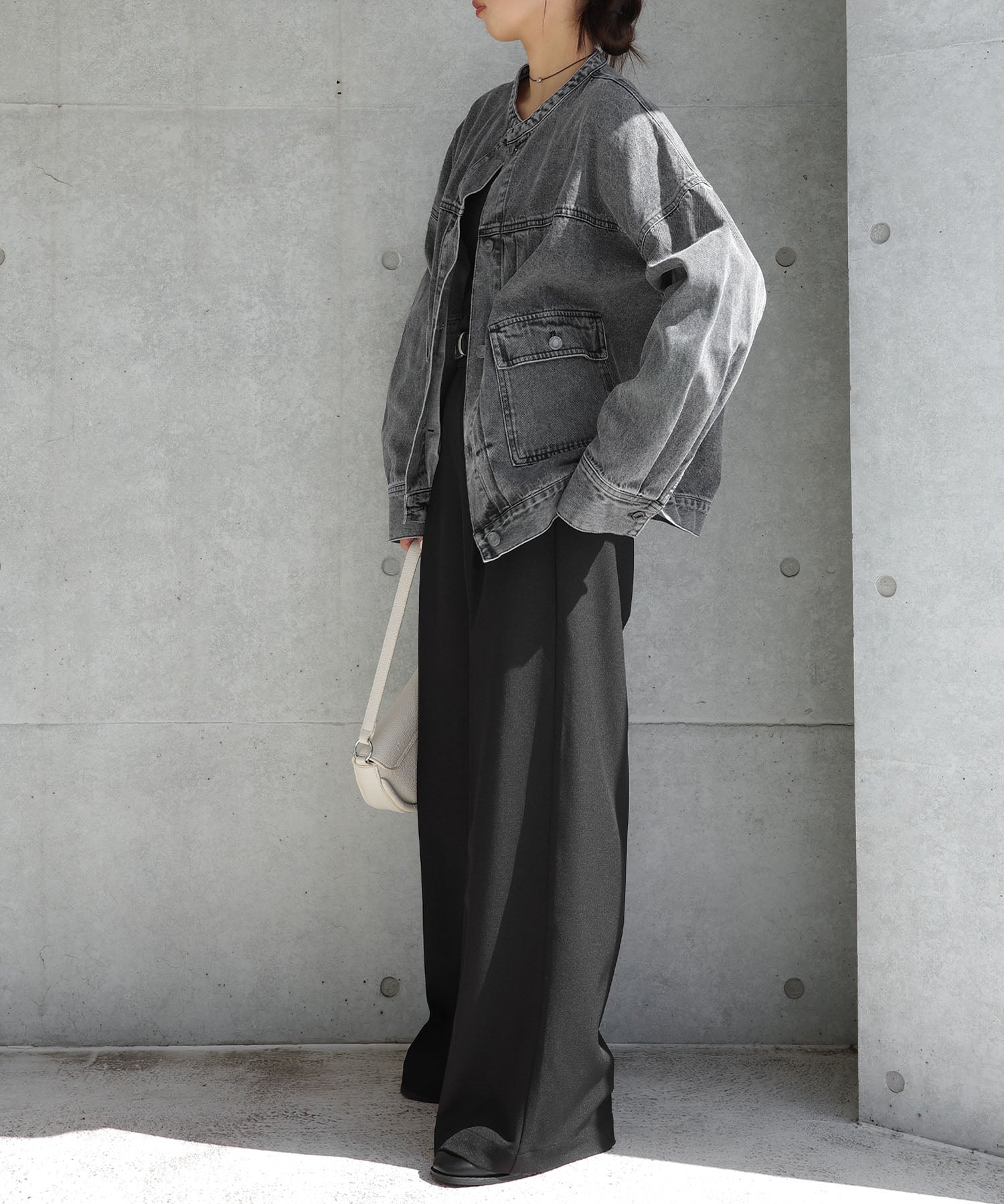 アンドミー andme オーバーサイズ ノーカラー デニム ツイル ジャケット （ケミカルブラック） ケミカルブラック