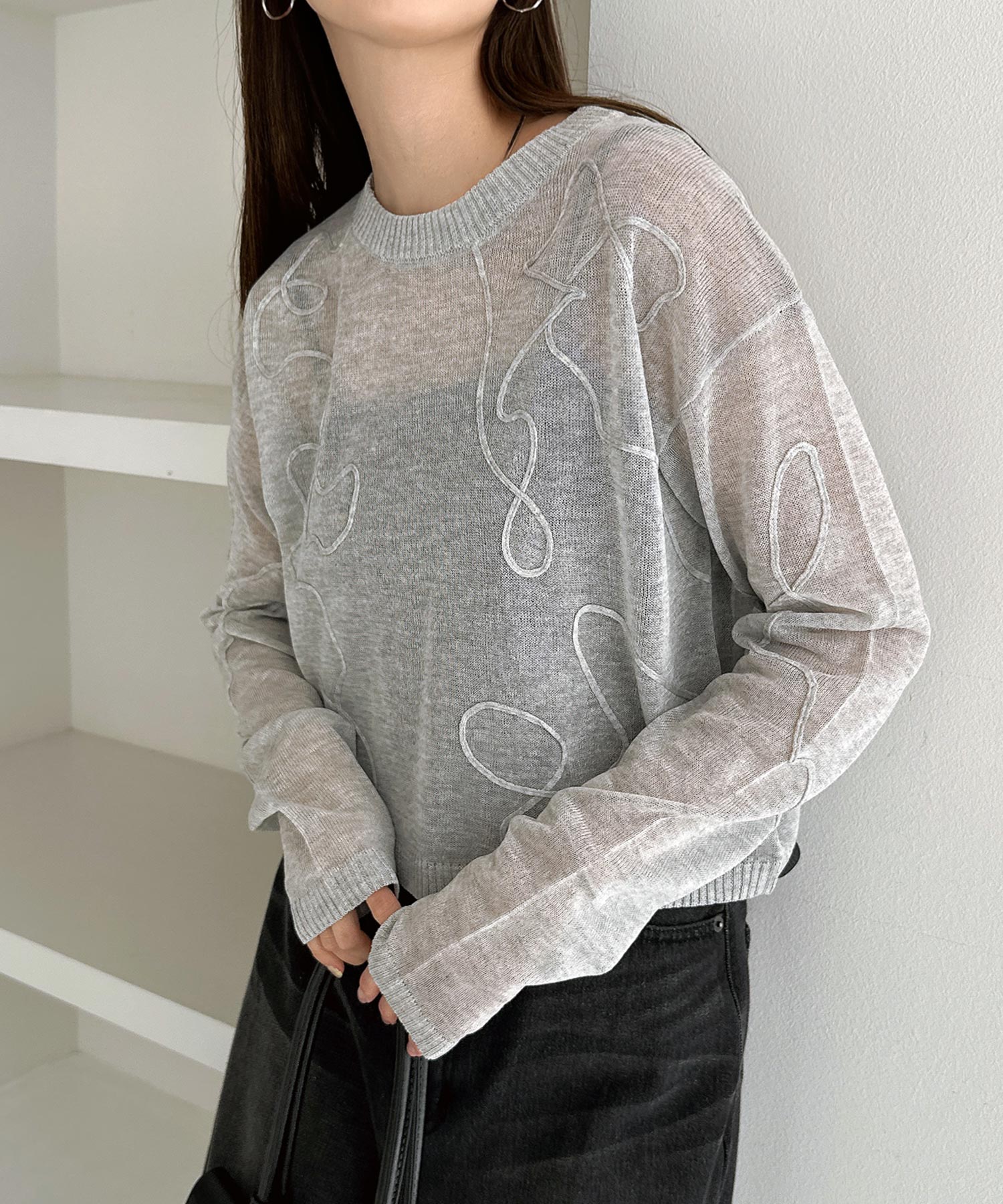 アンドミー andme ニュアンス ウェーブ 刺繍 シアー ニット トップス