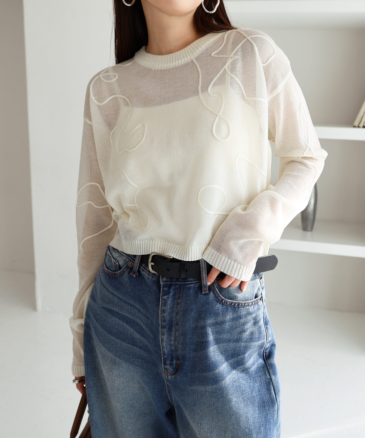 アンドミー andme ニュアンス ウェーブ 刺繍 シアー ニット トップス