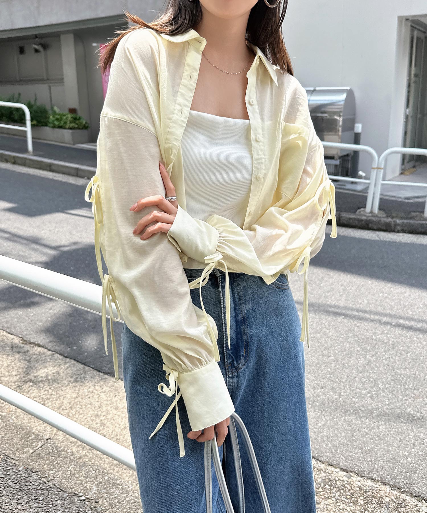 アンドミー andme 袖スリット リボン シアー シャツ ブラウス （イエロー） イエロー