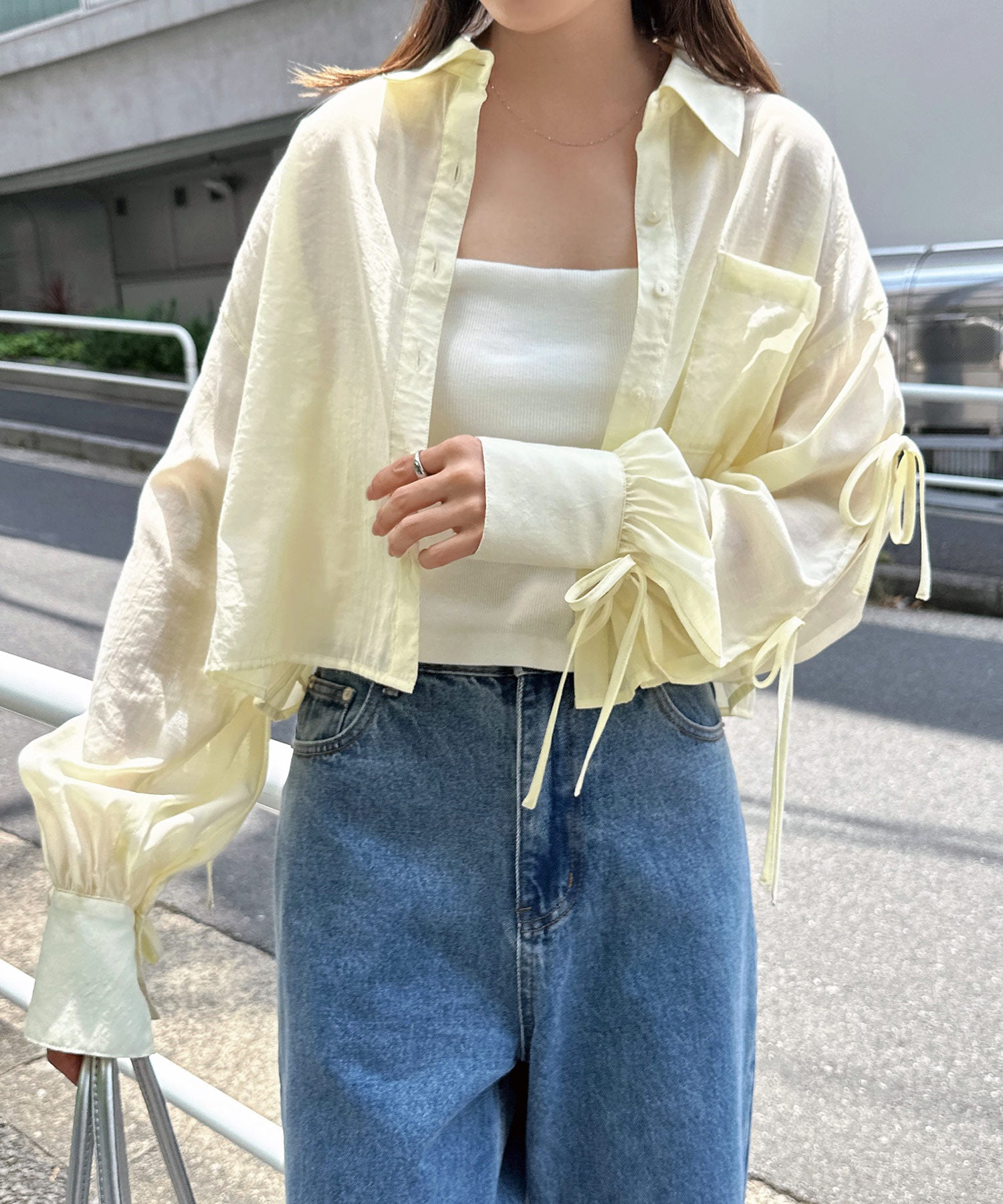 アンドミー andme 袖スリット リボン シアー シャツ ブラウス （イエロー） イエロー