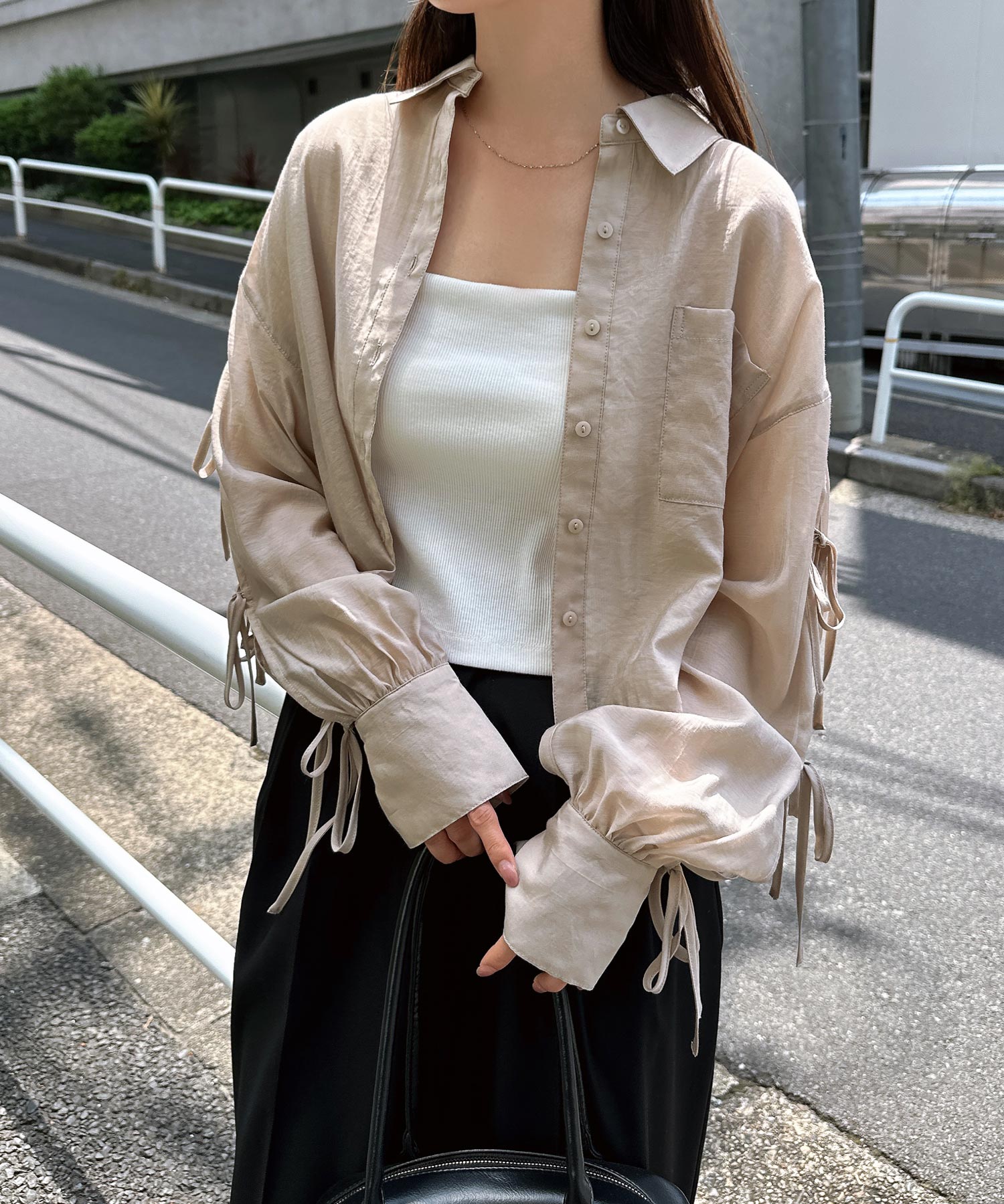 アンドミー andme 袖スリット リボン シアー シャツ ブラウス （ベージュ） ベージュ