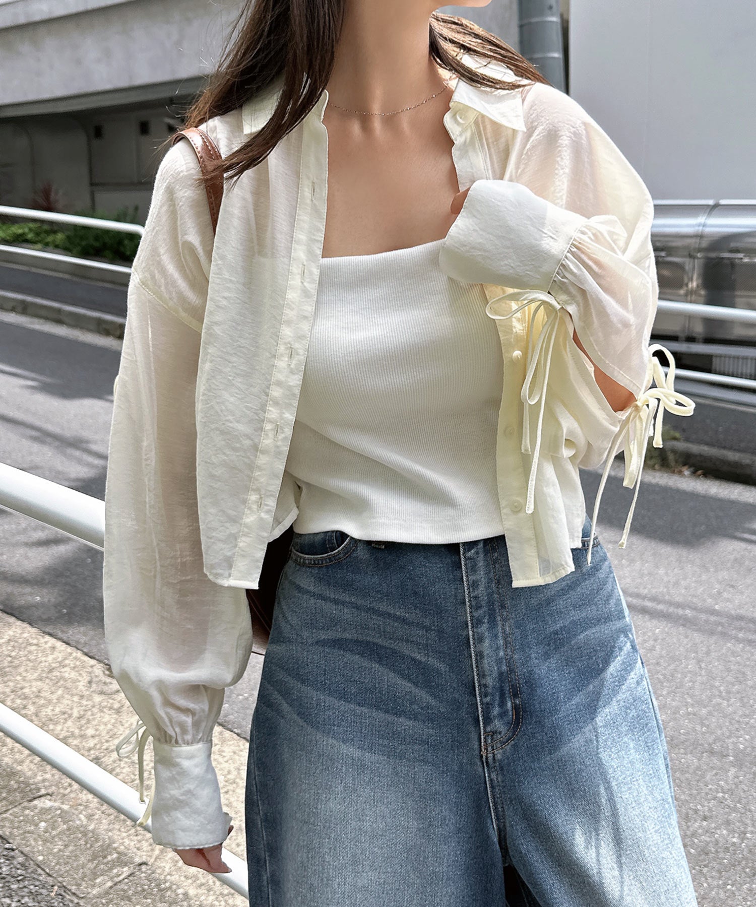 アンドミー andme 袖スリット リボン シアー シャツ ブラウス （アイボリー） アイボリー
