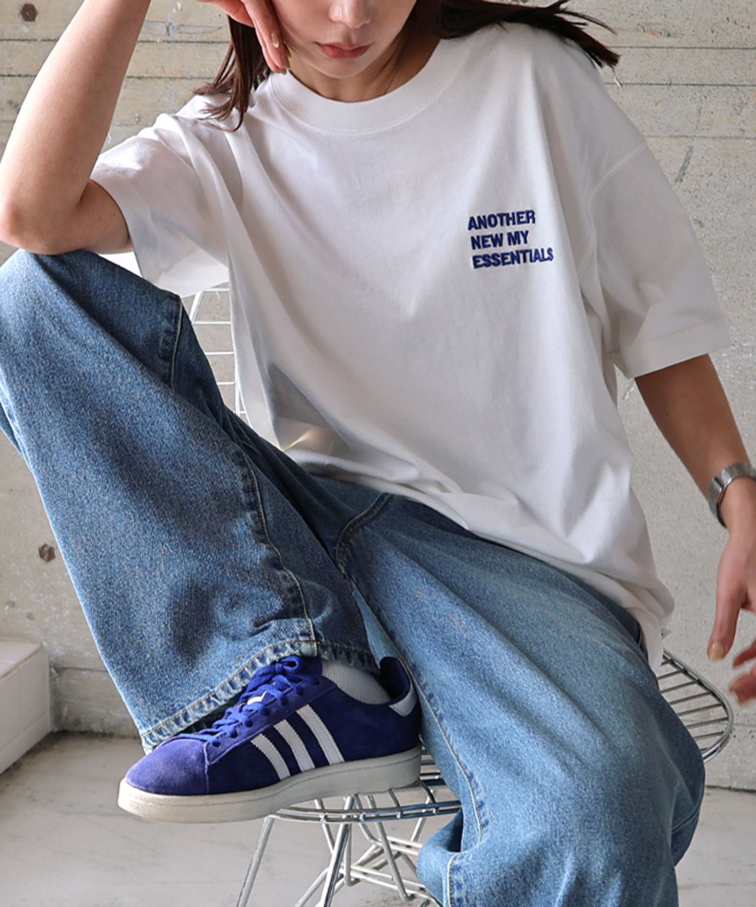 アンドミー andme ANME エンブロイダリー ロゴ 半袖 Tシャツ （オフホワイト×ブルー） オフホワイト×ブルー