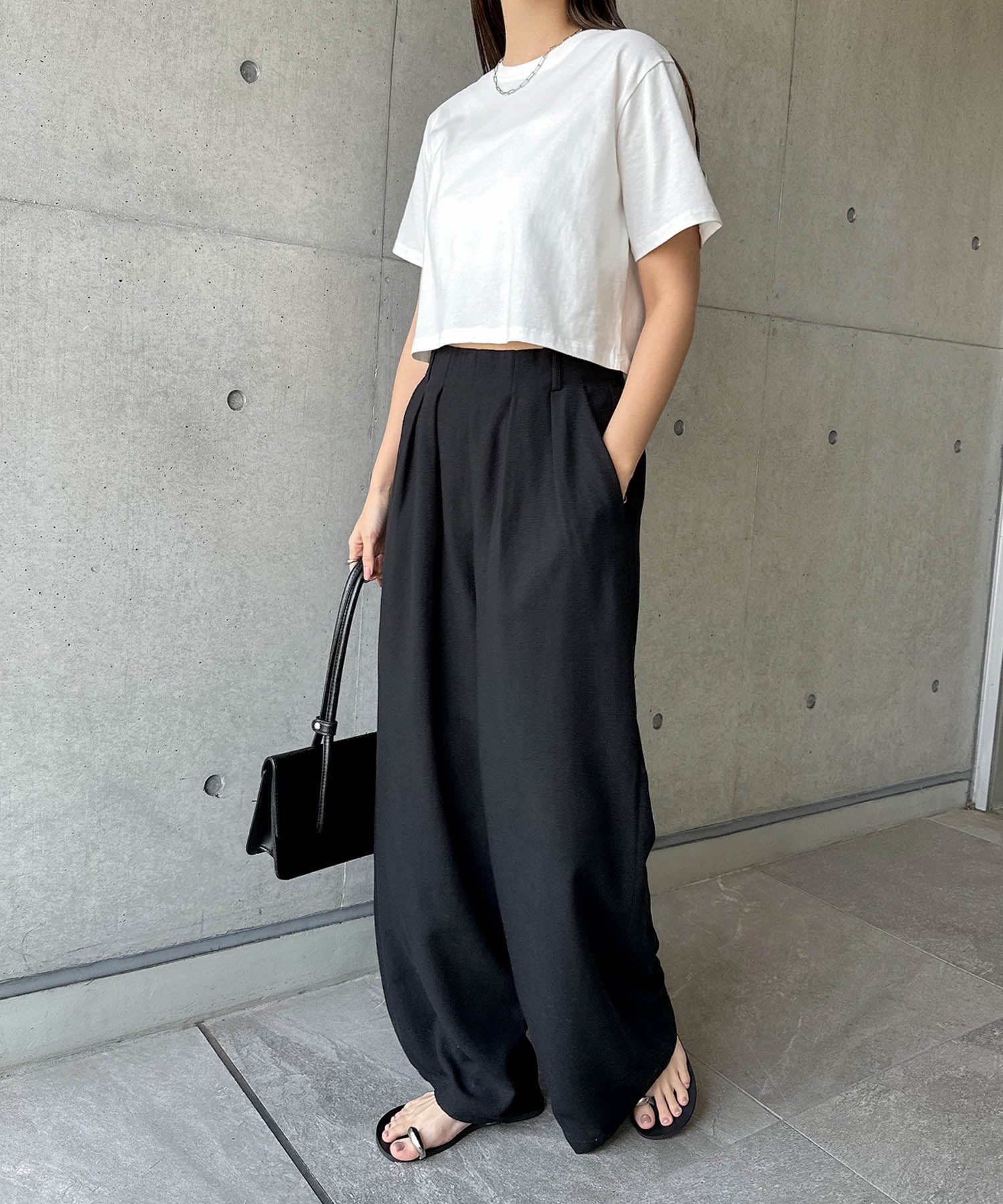 アンドミー andme リネンライク イージー ワイド パンツ （ブラック） ブラック