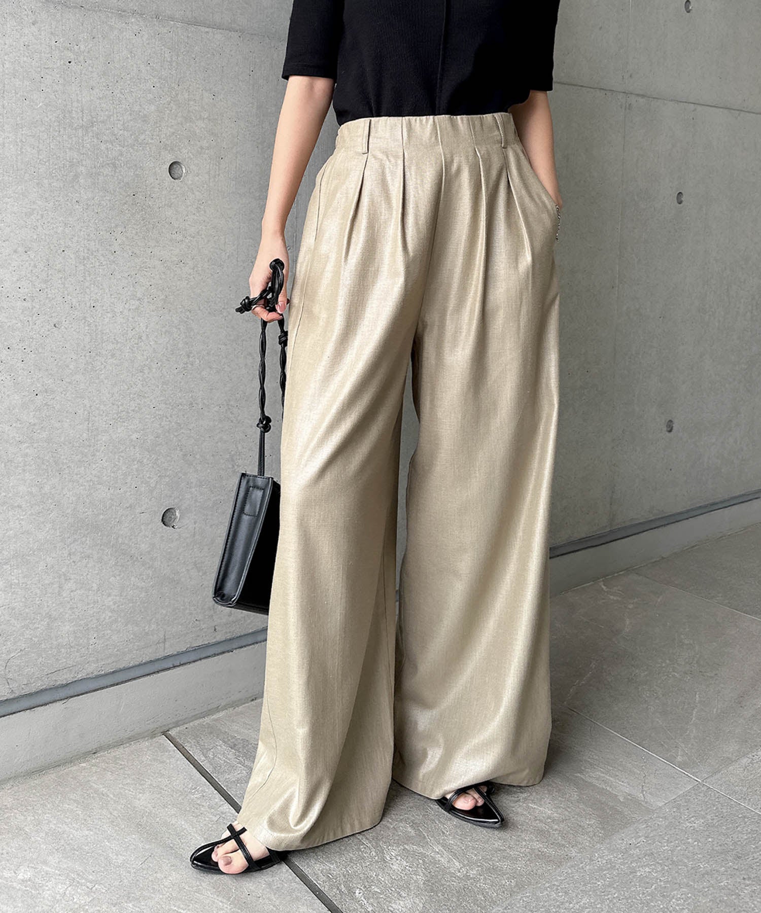 アンドミー andme リネンライク イージー ワイド パンツ （ダークベージュ） ダークベージュ