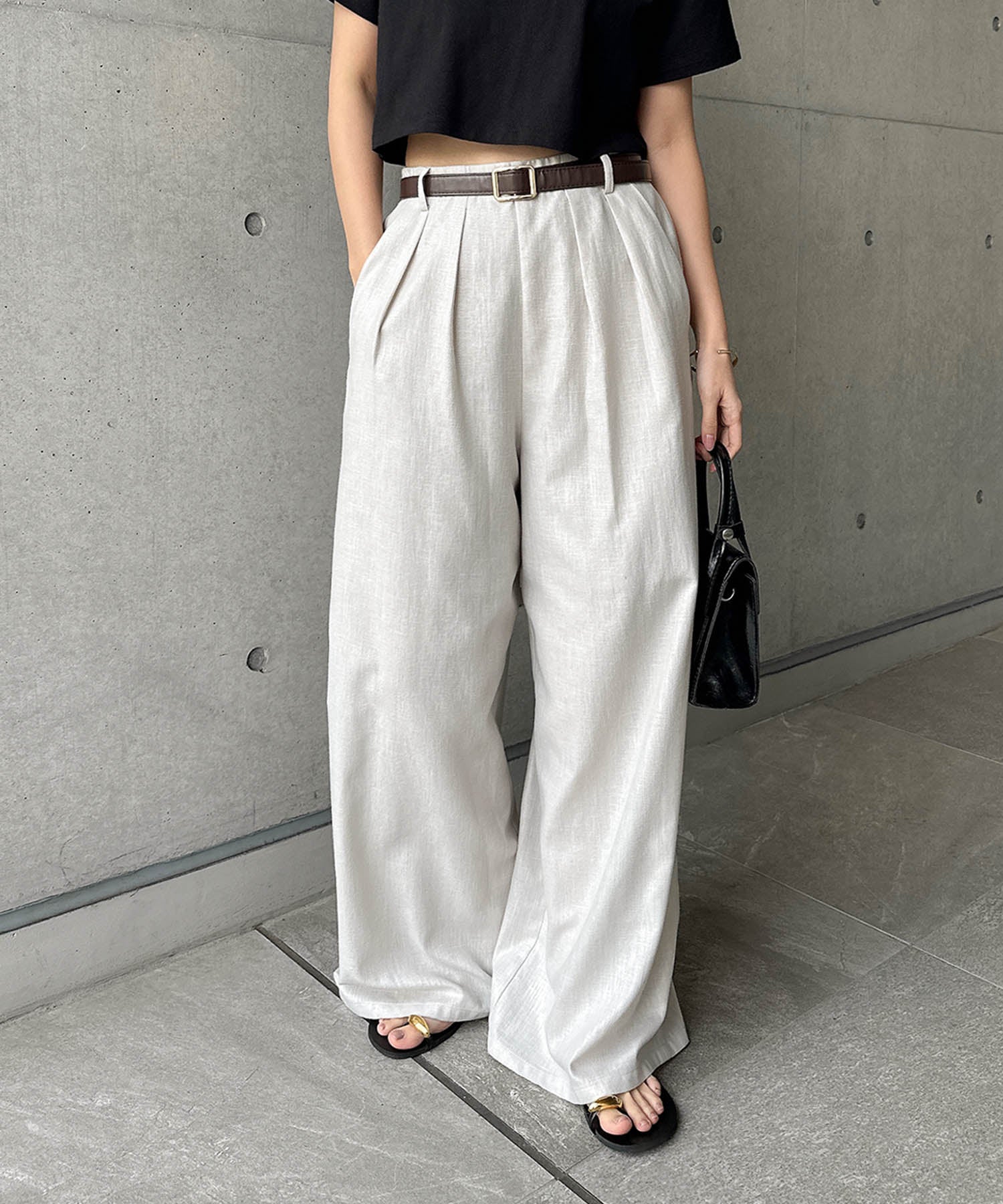 アンドミー andme リネンライク イージー ワイド パンツ （エクリュ） エクリュ