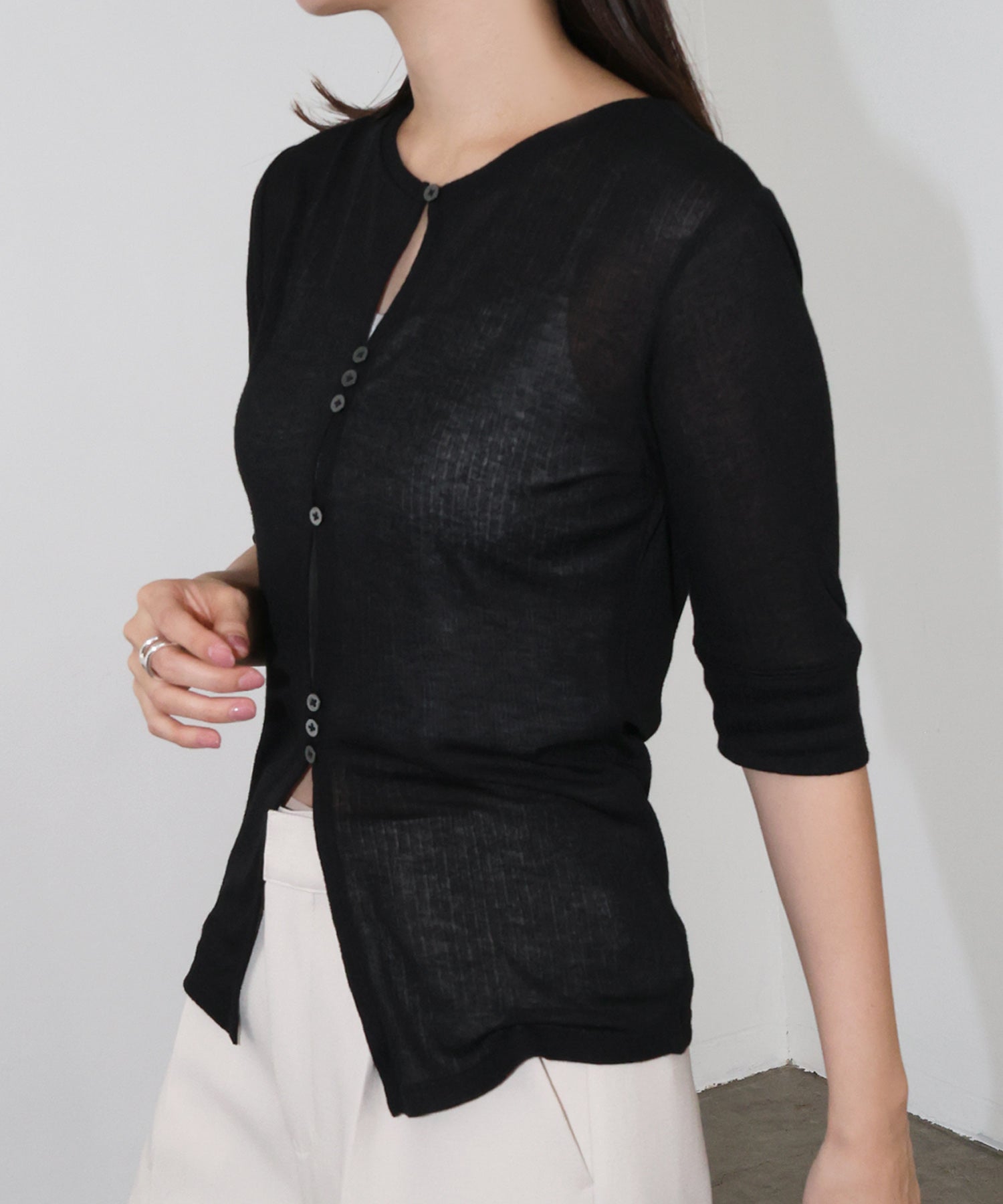 アンドミー andme テレコリブ シアー 半袖 トップス （ブラック） ブラック