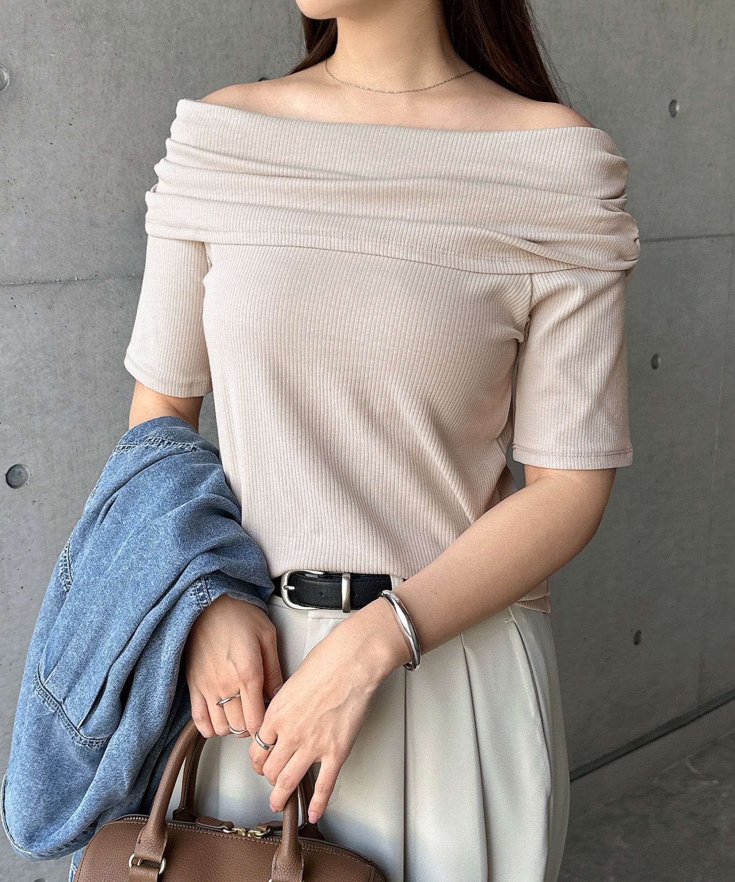 アンドミー andme テレコリブ 2way オフショル 半袖 トップス （グレージュ） グレージュ