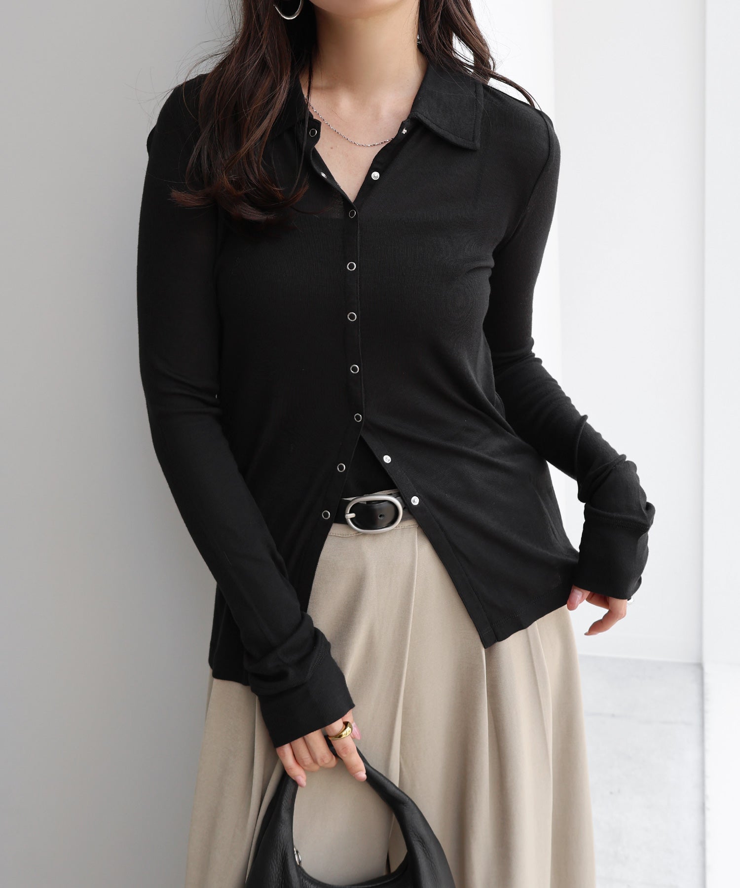 アンドミー andme 長袖 シャツ カーディガン トップス （ブラック） ブラック